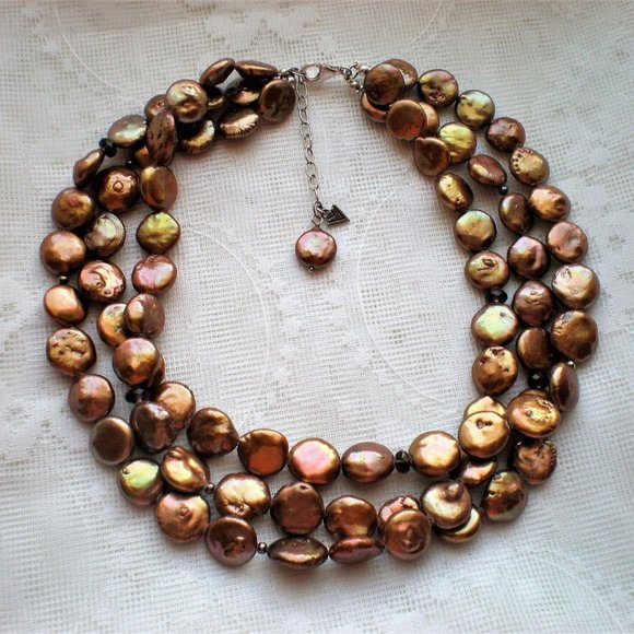 SILPADA Golden Brown Coin Pearl Triple Strand Beaded NECKLACE Sterling Clasp